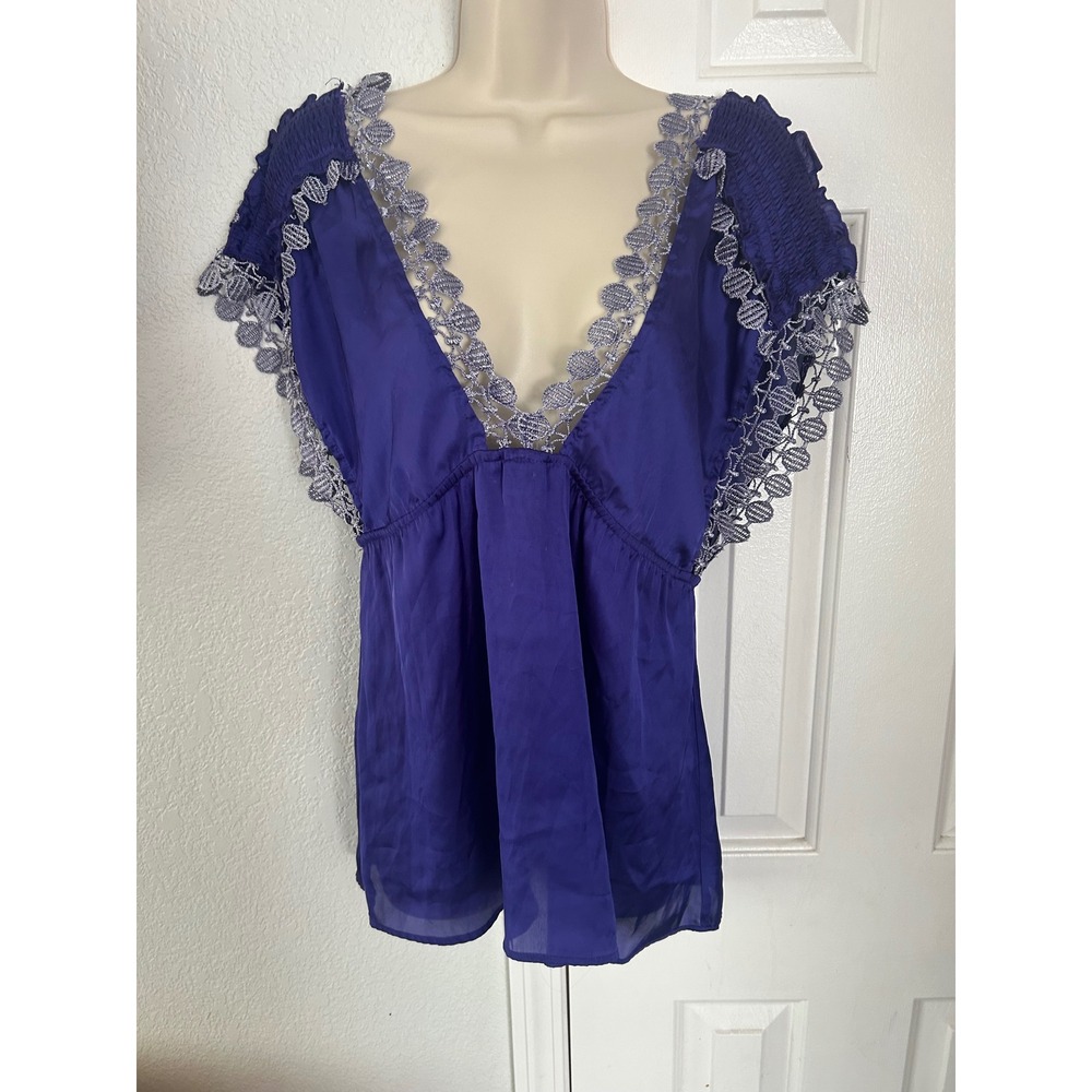 Y2K Charlotte Russe Royal Blue V-Neck Crochet Trim Empire Waist Smocked Top